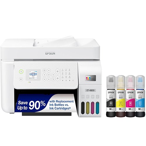 Epson EcoTank ET-4800 Wireless All-in-One Cartridge-Free Supertank Printer with Scanner, Copier, Fax, ADF and Ethernet – Ideal-for Your Home Office, White