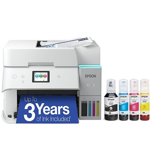 Epson EcoTank ET-4950 Wireless All-in-One Color Supertank Printer with up to 3 Years of Ink, Refillable Tanks, Perfect for Office, 18 PPM, 2.4" Color Touchscreen, Auto Document Feeder – White